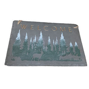 Resin Deer Welcome Slate Plaque Wall Mounted Grey White Green Gold Letters New